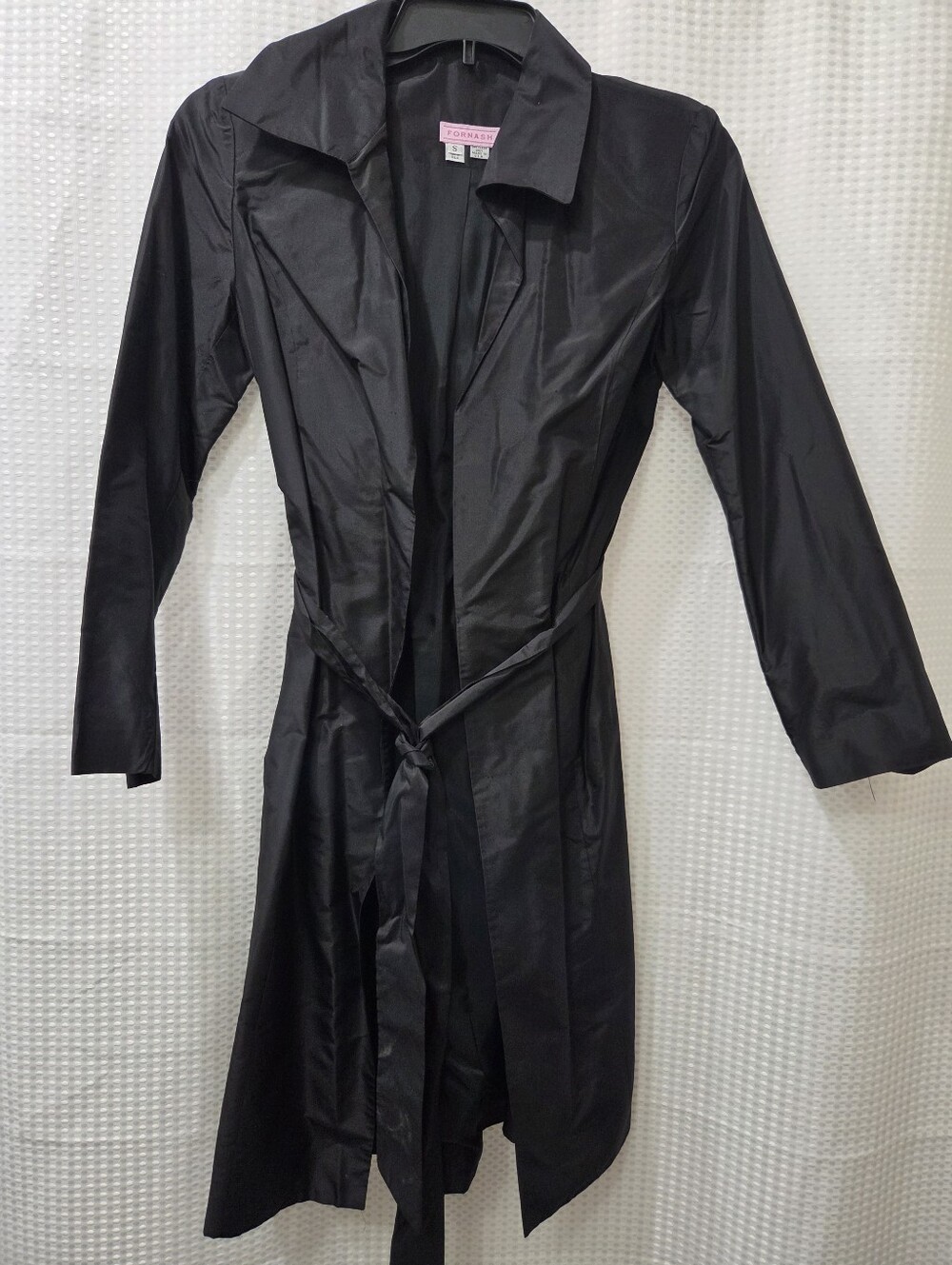 FORNASH Black Vintage 100% Silk Wrap Mid Length Trench Coat Size M